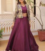 Womens Wine Color Anarkali Style Readymade Lehenga Choli With Jacket 