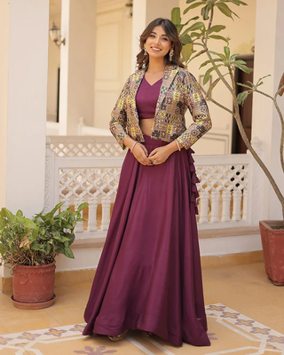 Womens Wine Color Anarkali Style Readymade Lehenga Choli With Jacket  2