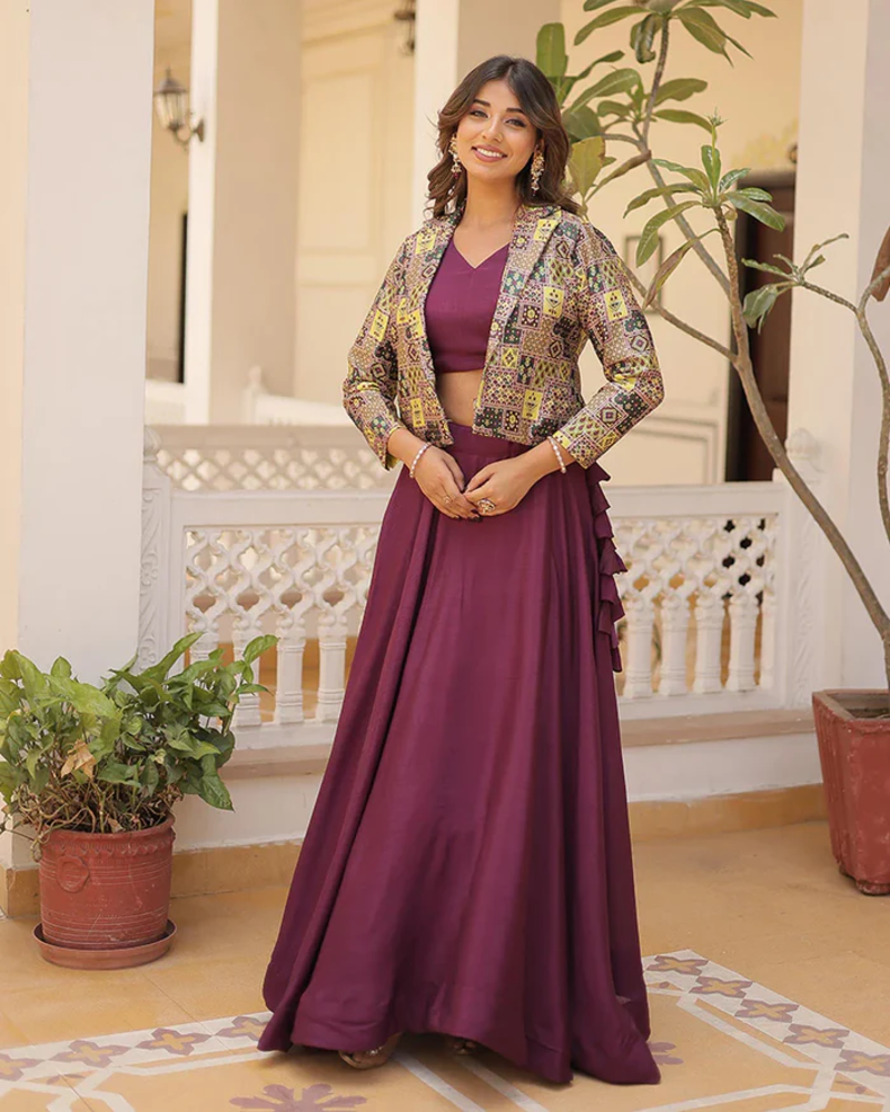 Womens Wine Color Anarkali Style Readymade Lehenga Choli With Jacket 