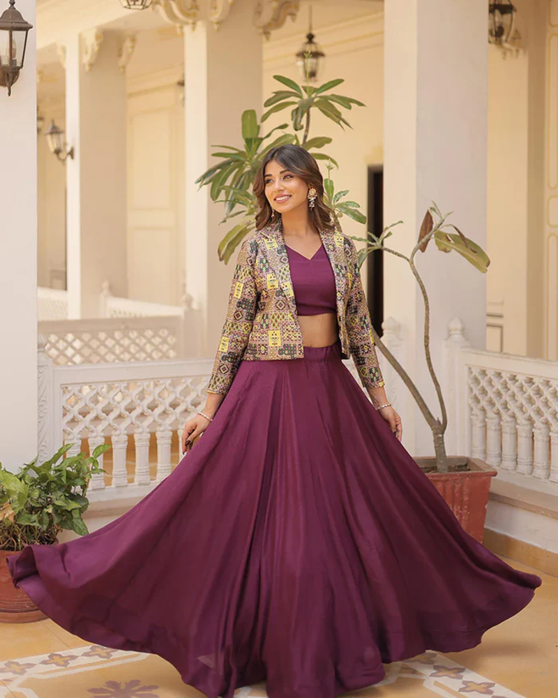 Womens Wine Color Anarkali Style Readymade Lehenga Choli With Jacket 