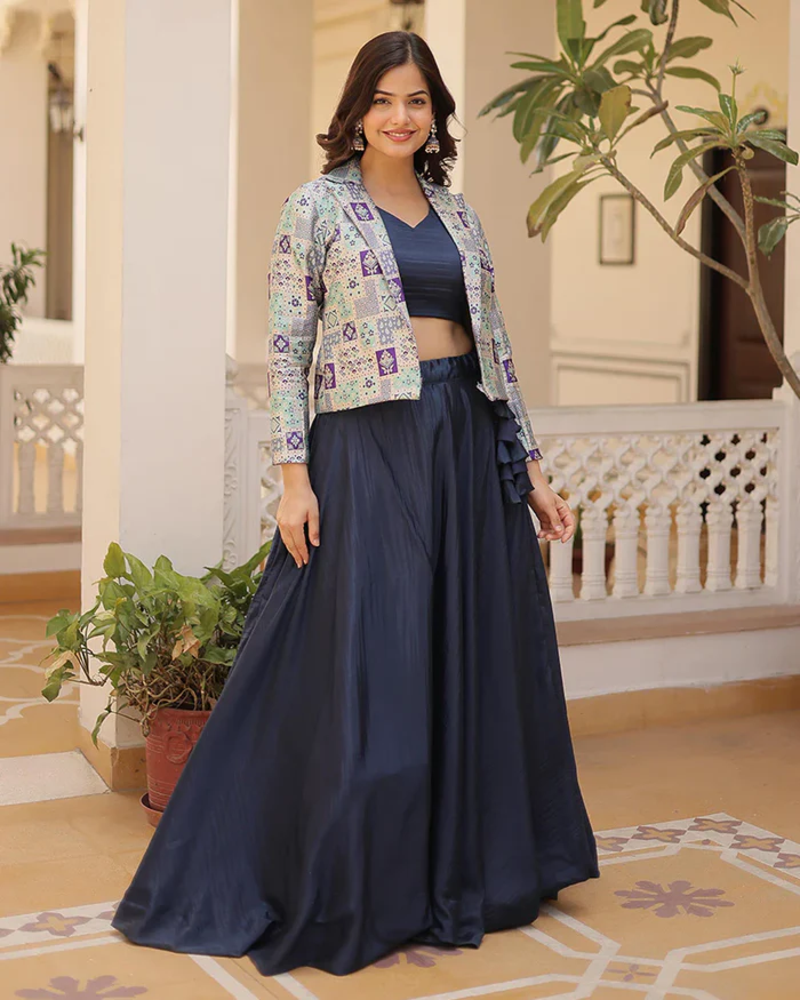 Womens Navyblue Color Jakcet Style Anarkali Lehnega Wedding Party Wear Readymade Lehenga Choli With Jacket