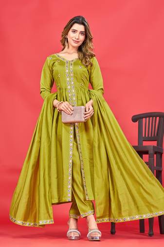 Womens Latest Pure Art Silk Embroidery Work Kurta, Pant With Dupatta Set | Women Stylish Kurta Set For all Occasion 