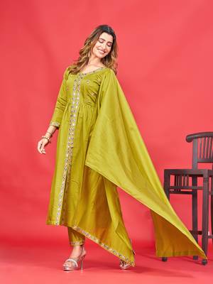 Womens Latest Pure Art Silk Embroidery Work Kurta, Pant With Dupatta Set | Women Stylish Kurta Set For all Occasion  2