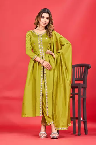 Womens Latest Pure Art Silk Embroidery Work Kurta, Pant With Dupatta Set | Women Stylish Kurta Set For all Occasion 