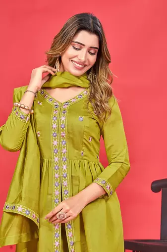 Womens Latest Pure Art Silk Embroidery Work Kurta, Pant With Dupatta Set | Women Stylish Kurta Set For all Occasion 