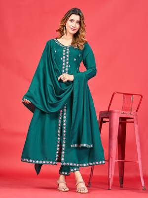 Womens Latest Pure Art Silk Embroidery Work Kurta, Pant With Dupatta Set Women Stylish Kurta Set Festival wear 1