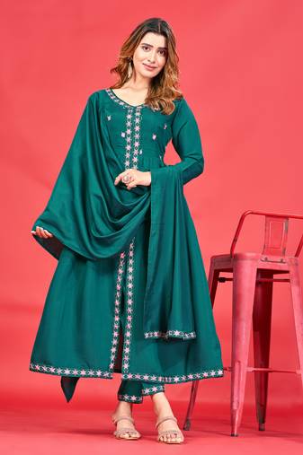 Womens Latest Pure Art Silk Embroidery Work Kurta, Pant With Dupatta Set Women Stylish Kurta Set Festival wear