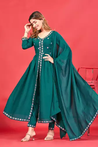 Womens Latest Pure Art Silk Embroidery Work Kurta, Pant With Dupatta Set Women Stylish Kurta Set Festival wear