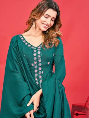 Womens Latest Pure Art Silk Embroidery Work Kurta, Pant With Dupatta Set Women Stylish Kurta Set Festival wear 4