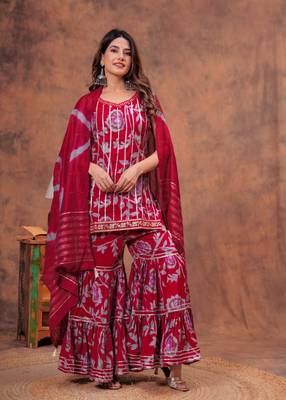 Red indian pakistani readymade floral printed sleeveless salwar kameez set indian designer muslin sharara set 1