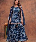 Blue indian pakistani readymade floral printed sleeveless salwar kameez set indian designer muslin sharara set