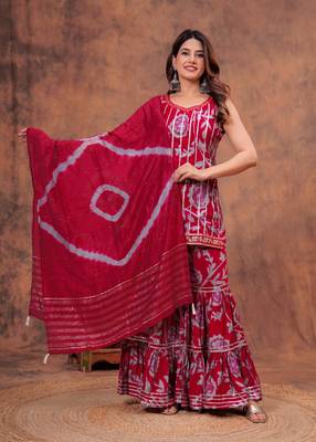 Red indian pakistani readymade floral printed sleeveless salwar kameez set indian designer muslin sharara set 2