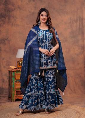Blue indian pakistani readymade floral printed sleeveless salwar kameez set indian designer muslin sharara set 2