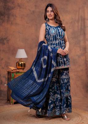 Blue indian pakistani readymade floral printed sleeveless salwar kameez set indian designer muslin sharara set 3