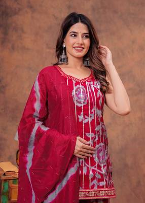 Red indian pakistani readymade floral printed sleeveless salwar kameez set indian designer muslin sharara set 3