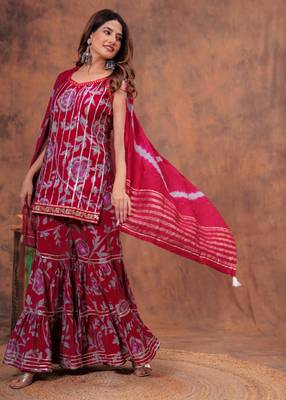 Red indian pakistani readymade floral printed sleeveless salwar kameez set indian designer muslin sharara set 4