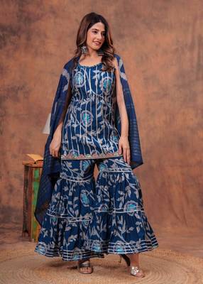 Blue indian pakistani readymade floral printed sleeveless salwar kameez set indian designer muslin sharara set 4
