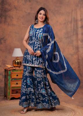 Blue indian pakistani readymade floral printed sleeveless salwar kameez set indian designer muslin sharara set 5