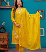 Jaipuri yellow roman silk fabric kurti pant with chanderi dupatta suit set