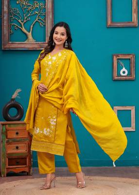 Jaipuri yellow roman silk fabric kurti pant with chanderi dupatta suit set 3