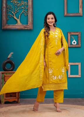 Jaipuri yellow roman silk fabric kurti pant with chanderi dupatta suit set 4