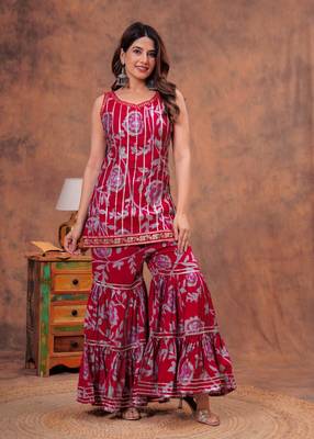 Red indian pakistani readymade floral printed sleeveless salwar kameez set indian designer muslin sharara set 5