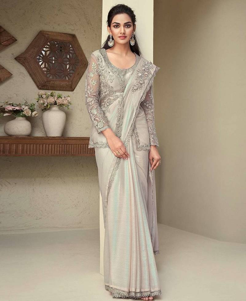 light beige embroidery simy silk designer saree with unstitched jacket for wedding party