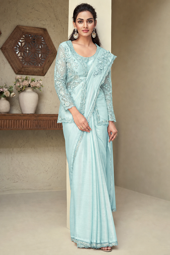 Light Sky Blue embroiderd art silk saree with jacket