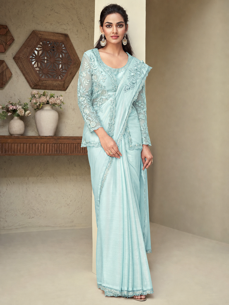 Light Sky Blue embroiderd art silk saree with jacket