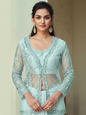 Light Sky Blue embroiderd art silk saree with jacket 2