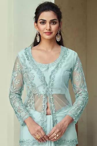 Light Sky Blue embroiderd art silk saree with jacket