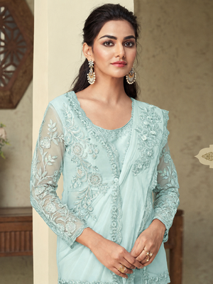 Light Sky Blue embroiderd art silk saree with jacket 3