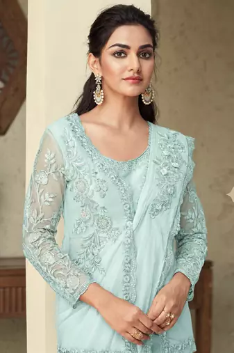 Light Sky Blue embroiderd art silk saree with jacket