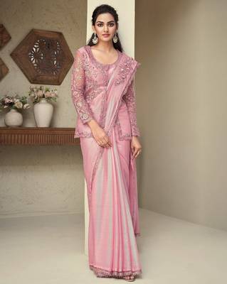 Pink embroidered art silk saree with unstitched jacket 1