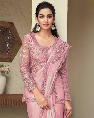 Pink embroidered art silk saree with unstitched jacket 2