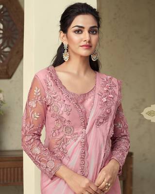 Pink embroidered art silk saree with unstitched jacket 3