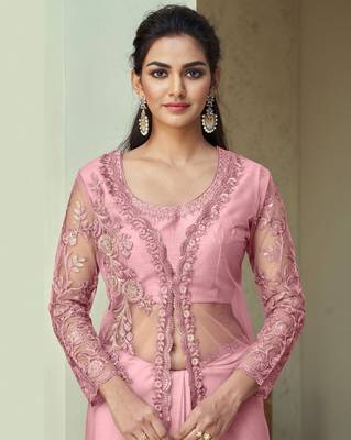 Pink embroidered art silk saree with unstitched jacket 4