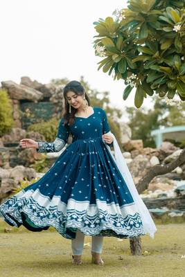 NAVY BLUE FUX GEORGETTE WITH EMBOIDERY WORK SLWAR SUITS STITCHED 1