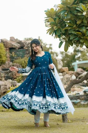 NAVY BLUE FUX GEORGETTE WITH EMBOIDERY WORK SLWAR SUITS STITCHED