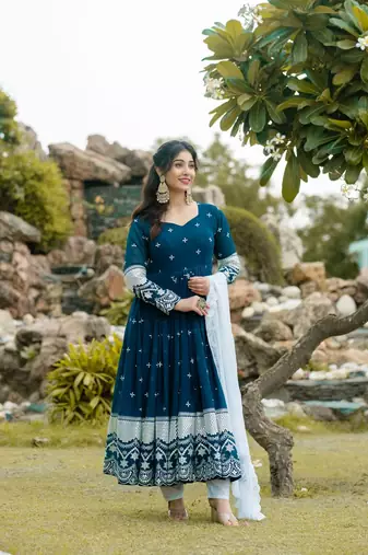 NAVY BLUE FUX GEORGETTE WITH EMBOIDERY WORK SLWAR SUITS STITCHED