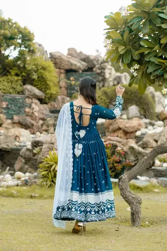 NAVY BLUE FUX GEORGETTE WITH EMBOIDERY WORK SLWAR SUITS STITCHED