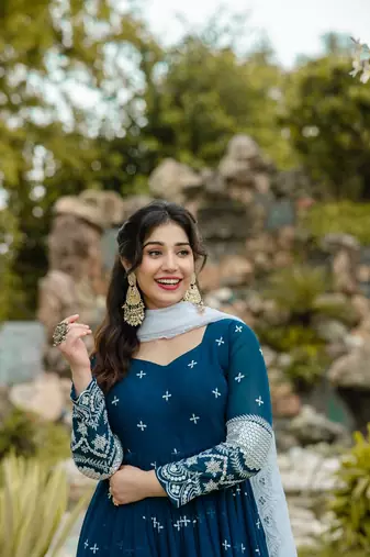 NAVY BLUE FUX GEORGETTE WITH EMBOIDERY WORK SLWAR SUITS STITCHED