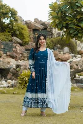 NAVY BLUE FUX GEORGETTE WITH EMBOIDERY WORK SLWAR SUITS STITCHED 6