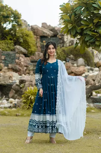NAVY BLUE FUX GEORGETTE WITH EMBOIDERY WORK SLWAR SUITS STITCHED