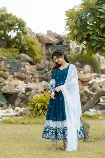 NAVY BLUE FUX GEORGETTE WITH EMBOIDERY WORK SLWAR SUITS STITCHED