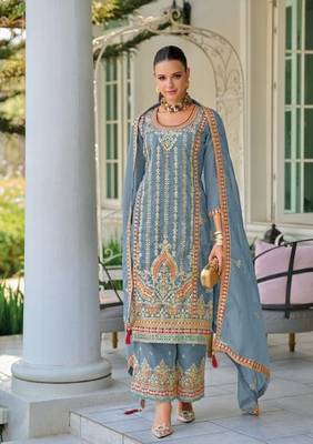 GREY readymade embroidery silk Salwar Suit set   1