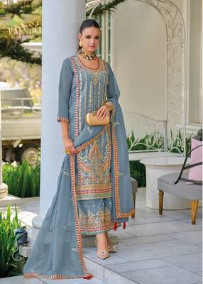 GREY readymade embroidery silk Salwar Suit set   3