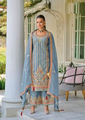 GREY readymade embroidery silk Salwar Suit set   4
