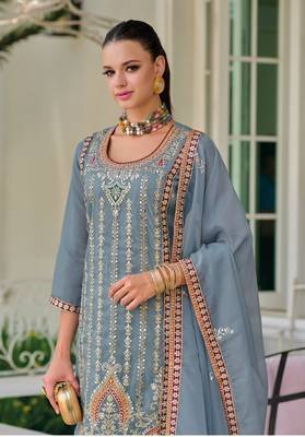 GREY readymade embroidery silk Salwar Suit set   5