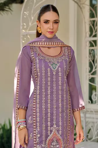 LIGHT PURPLE SILK EMBROIDERY WORK SUIT SET 